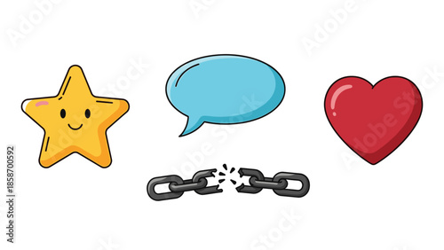 A colorful illustration of a smiling star, speech bubble, heart, and broken chain