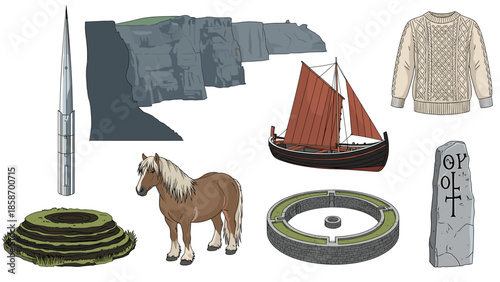 A collection of fantasy objects and animals on a white background