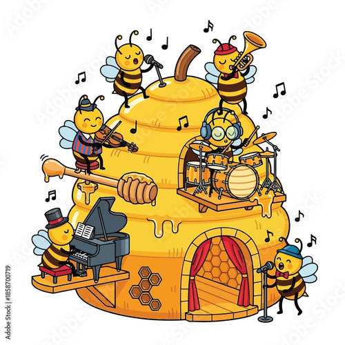 Musical Bees Concert: A charming illustration depicts a whimsical beehive transformed into a lively stage where a band of bees passionately performs. A medley of melodies fill the air