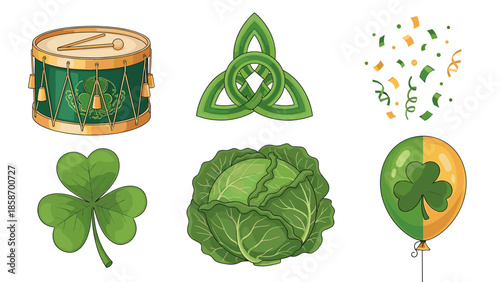 A festive St. Patrick's Day illustration with shamrocks and green decorations