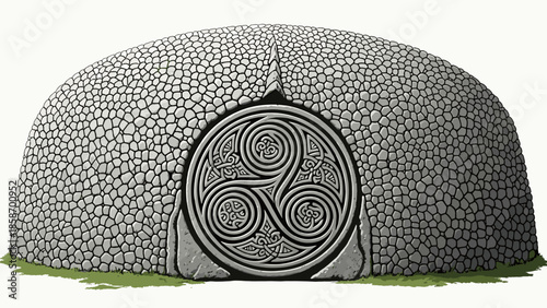 A large stone dome with a intricate Celtic design on the front exterior