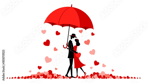 A romantic couple shares a tender moment under a red umbrella on a rainy day