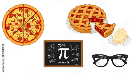 A mathematical representation of pi with pizza and glasses on a black background