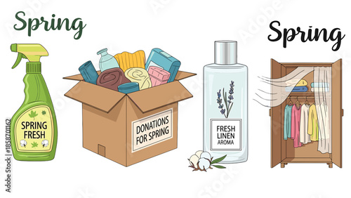 A colorful illustration of spring cleaning products and organization tools