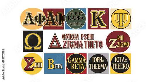 A collection of Greek letters and symbols on colorful backgrounds
