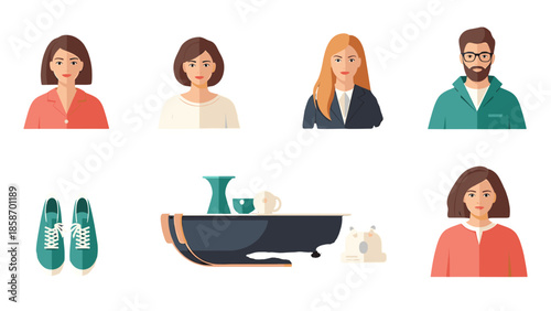 A diverse group of people with various objects on a black background