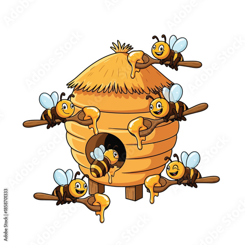 Honey Bee Homestead: A vibrant illustration showcasing a charming beehive bustling with adorable bees, each perched on a spoon laden with honey, embodying the sweetness of nature.