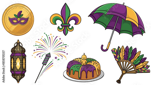 A colorful Mardi Gras celebration with festive decorations and treats
