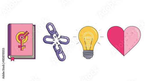 A collection of feminist and inspirational symbols on a black background