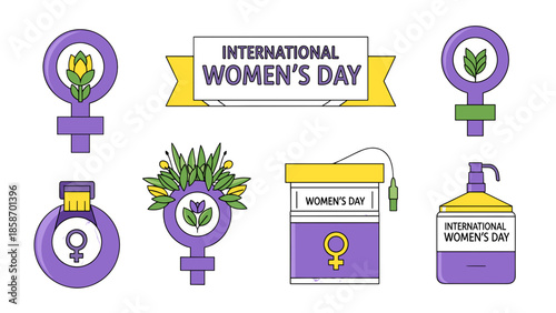 International Women's Day logo and symbols on a black background