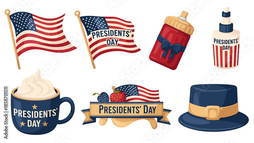 A collection of patriotic items celebrating Presidents' Day in the United States.
