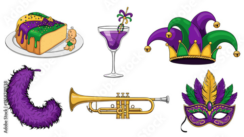 A colorful illustration of Mardi Gras symbols on a black background
