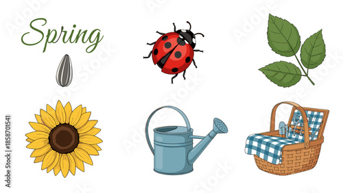 A colorful illustration of springtime symbols on a black background