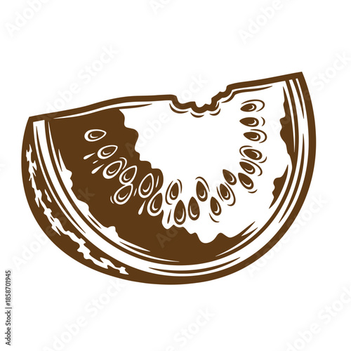 Vintage A brown illustration of a slice of watermelon with seeds on a white background