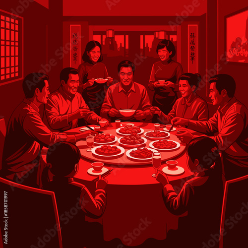 Striking Monochromatic Red Illustration of Chinese Family Reunion Dinner for Lunar New Year