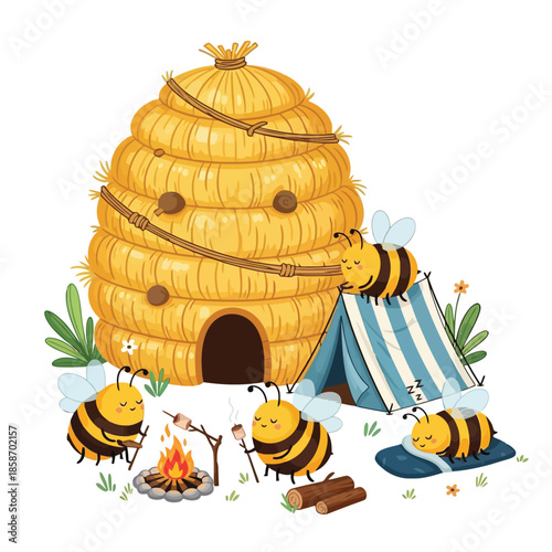 Beehive Campfire: Friendly bees are camping outside of the beehive, roasting marshmallows over a cozy campfire. A whimsical scene of insects, perfect for illustrations, prints and designs. 