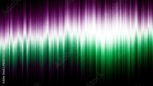 Luminous vertical waves blend violet emerald and white into a pulsing abstract horizon echoing sound light energy and quiet motion
