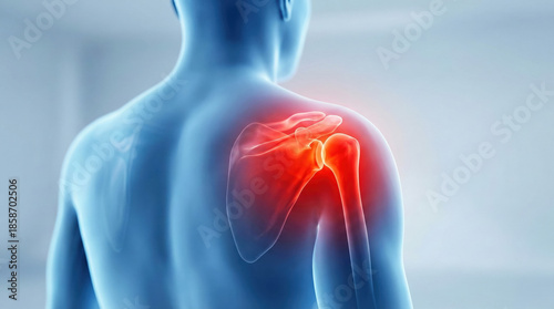 Anatomical illustration of a human shoulder joint experiencing inflammation and pain, highlighted in red.
