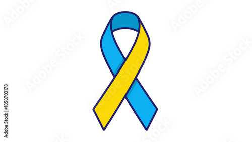 Blue and yellow Down Syndrome awareness ribbon on a light background