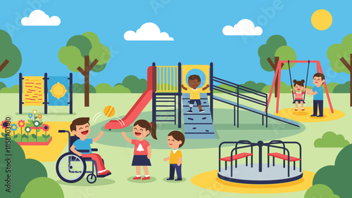 Inclusive playground scene with children playing together on a sunny day