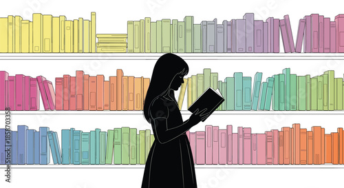 Reading silhouette illustration, colorful bookshelf, education theme, literary moment, faceless figure, introspective scene, book lover, library design, gradient shelves, peaceful study