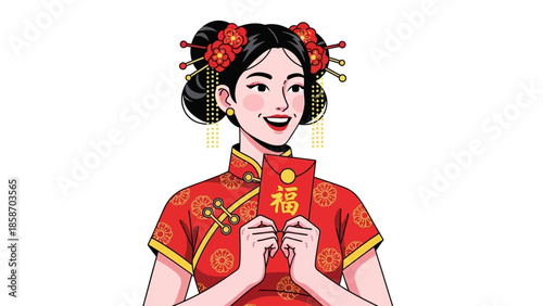 Smiling Woman in Traditional Chinese Dress Holding Red Envelope.