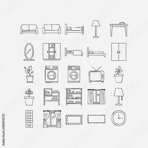 Household Items and Furniture Icons Set.