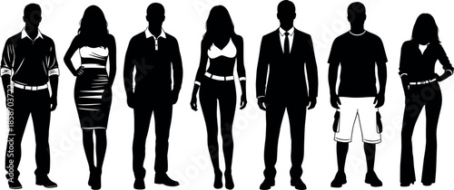 Collection of diverse men and women silhouettes in various fashion styles including business formal casual wear and summer outfits for vector