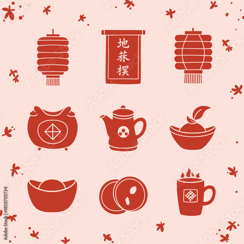 Lunar new year of a set of red pixel art icons with lanterns, banner, teapot, and ingots on a soft background.