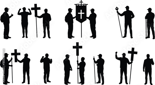 Religious procession, silhouette figures, symbolic faith, cross banners, pilgrimage scene, spiritual journey, tradition, black shapes, communal ritual, walking, gesture, devotion