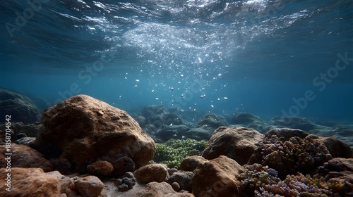 Wallpaper Mural Underwater scene with rocks coral and rising bubbles in clear blue ocean water Torontodigital.ca
