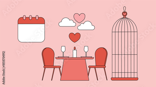 Romantic Valentine’s Day Dinner Vector with Hearts, Candlelight Table Setup and Love Elements