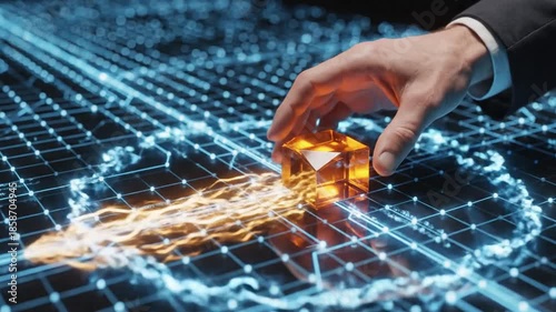 Hand Placing Glowing Cube on Digital Grid Activating Data Flow.