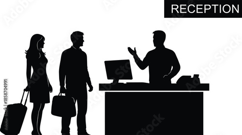 Hotel reception desk silhouette with guests checking in, travel accommodation service concept, business hospitality scene isolated on white background illustration