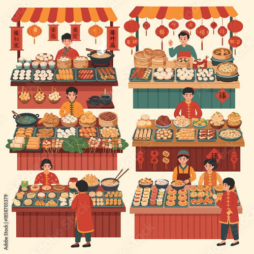 Lunar new year of an array of traditional Chinese street food stalls, each offering various delicacies in a festive market setting.