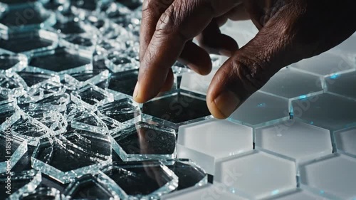 Hand Placing Hexagonal Glass Tiles on a Surface, Creating a Pattern.