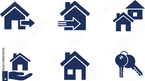 a set of black and white vector icons depicting various real estate related concepts, such as houses, moving trucks, keys, packages, and delivery trucks.eps