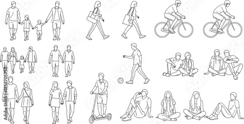 Human activity, line drawing, walking, biking, scooter, soccer, sitting, family, urban life, black and white, gesture, p