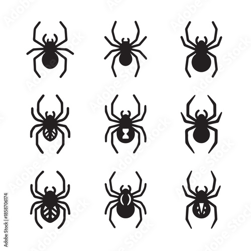 Collection of black spider silhouettes in various poses and designs