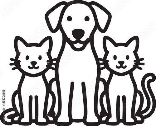 A friendly dog with two pet cats, simple black and white line art,.eps