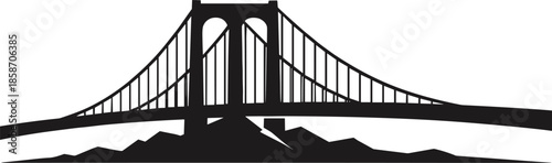 Black suspension bridge silhouette vector illustration showcasing modern urban landmark architecture for travel, engineering, and infrastructure branding projects