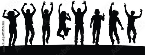 jumping, silhouette, person, joy, celebration, unity, pose, black, white, icon, illustration, vector, design, symbol, motion, energy, group, fun, dynamic, expressive