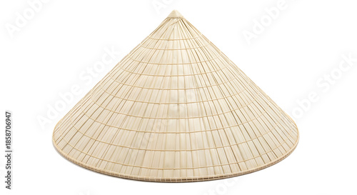 Traditional Vietnamese nón lá conical hat made from woven palm leaves, isolated on white background. Iconic symbol of rural Vietnam culture and everyday lifestyle.