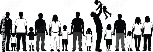 Large family silhouette group with parents and children, generations together, love and care, parenting and growth, unity concept, minimal black and white illustration