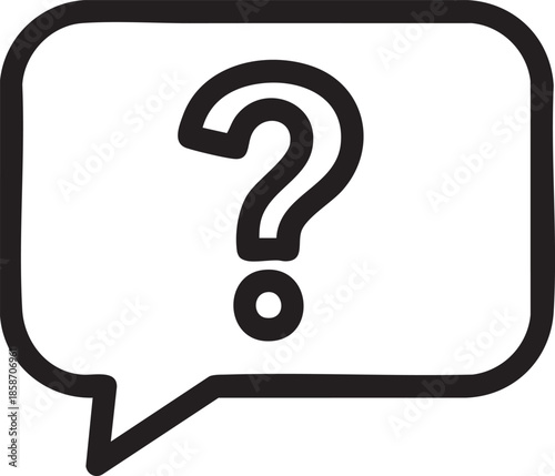 A black and white illustration of a speech bubble containing a large question mark, conveying uncertainty or curiosity..eps