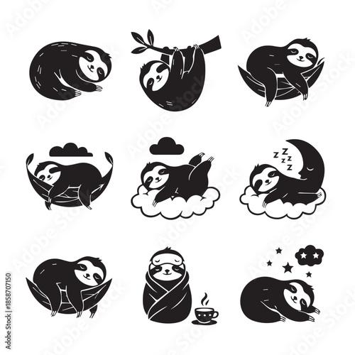 Adorable sloth illustrations in various relaxing poses and settings