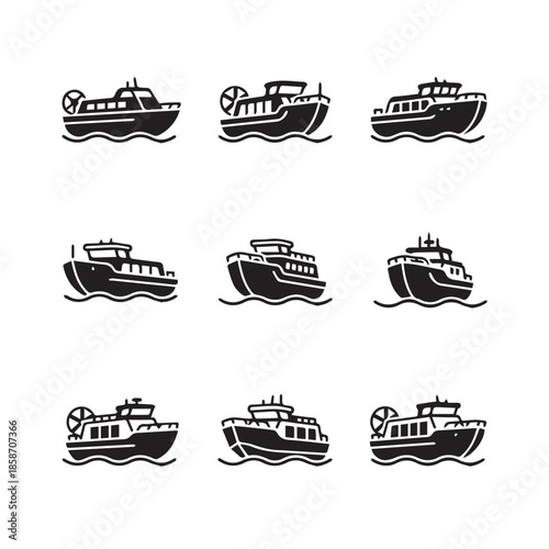 Set of modern boat icons in black and white for design