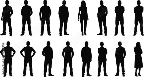 Diverse group of men and women silhouettes standing in various poses representing teamwork community population human resources social networking and society