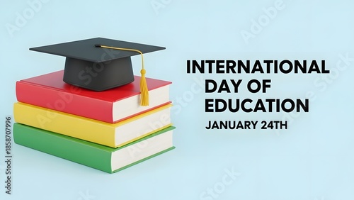 Stack of colorful books topped with a graduation cap, celebrating International Day of Education.