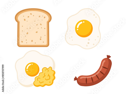 Breakfast Meal Components Icon Set Toast Fried Eggs Scrambled Eggs Sausage